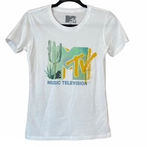 MTV White Green Cactus Logo Crew Neck T-Shirt